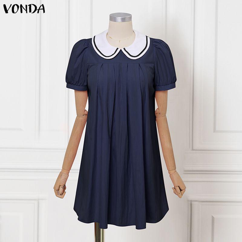 VONDA Женское мини-платье-туника в преппи-стиле с кукольным воротником, короткими пышными рукавами, свободного А-силуэта, повседневное