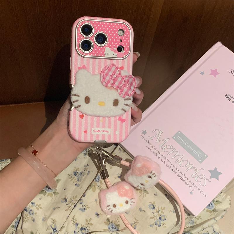 Модный розовый полосатый милый чехол для телефона Hello Kitty для iPhone 17 Pro 16 15 14 Pro Max Чехол с ремешком для руки Ударопрочный Защитный Ca