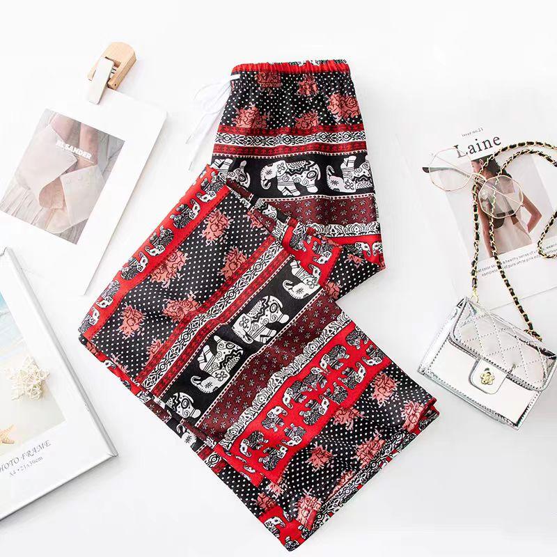 Southeast Asian Ethnic Style Women's Thai Elephant Wide-Leg Beach Pants, High Waist Slimming Straight-Leg Summer Pants.