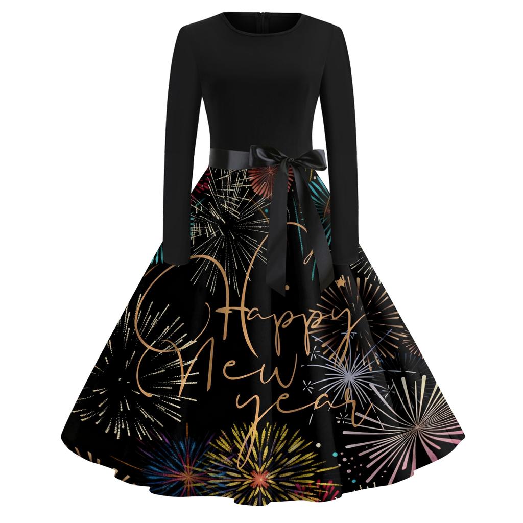 Женское повседневное модное платье с круглым вырезом и длинным рукавом с новогодним принтом в ретро-стиле