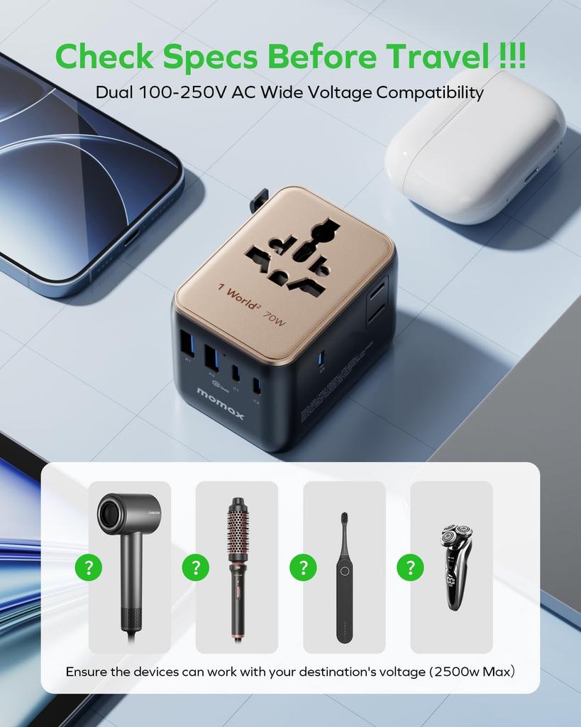 and MOMAX PD 70W GaN Fast Charging Power Converter for International Simultaneous Charging of 7 3 PD 2 QC 2 AC 2 AC International Outlets Worldwide