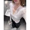 Кружевной топ с V-образным вырезом для похудения: Женская сексуальная блузка с расклешенными длинными рукавами для начала осени