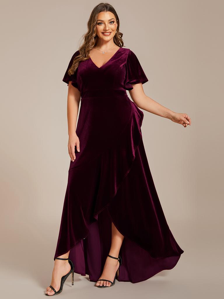 Ever-Pretty Women's Plus Size Velvet Lotus Leaf Ruffles Short Sleeves V Neck High-Low Hem Evening Dress