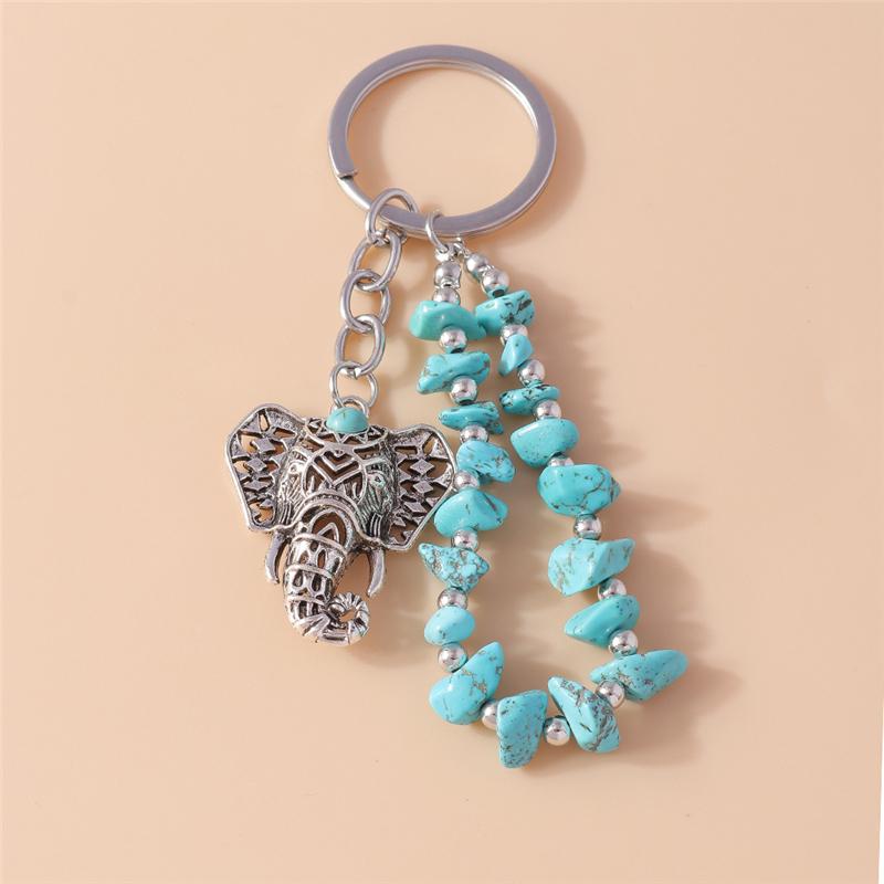 Retro Ethnic Bull Head Keychain Turquoise Key Ring Pendants for Women Girls Handbag Decor DIY Handmade Jewelry Gift
