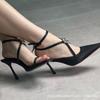 [В наличии] Новые босоножки с открытым носком, квадратным носком, перекрещенными шелковыми ремешками со стразами, на шпильке, женственные, сексуальные