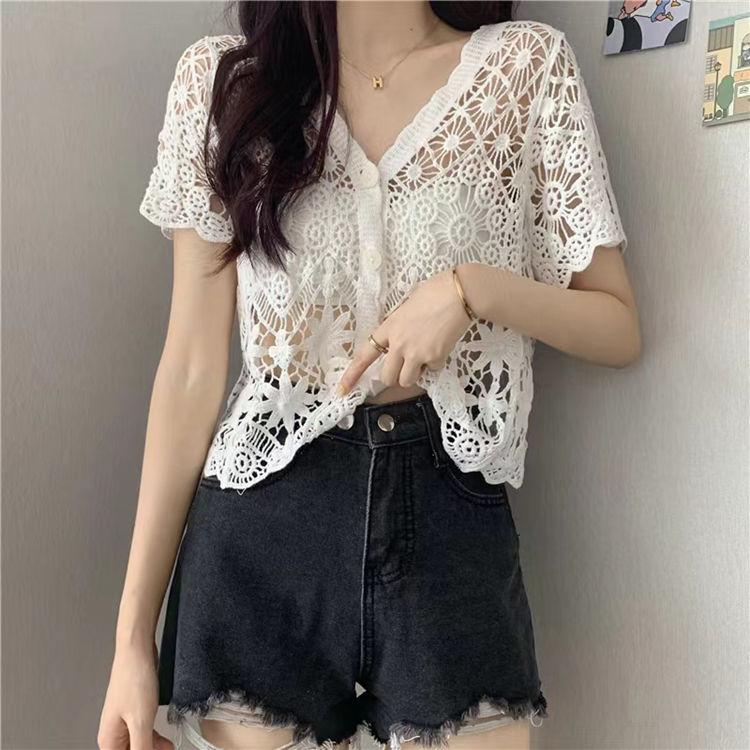 Retro Hook Flower Hollowed Out Short Sleeved Top for Women's Summer Knitwear Versatile Short V-neck Cardigan