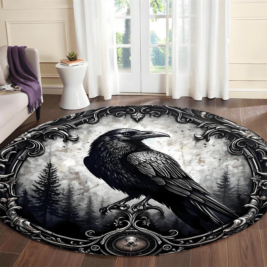 Circular Raven Mystical ForestPattern Round Shape Floor Mats Kitchen Hallway Runner Rug Bedroom Living Room Soft Carpet Non-slip Area Rug