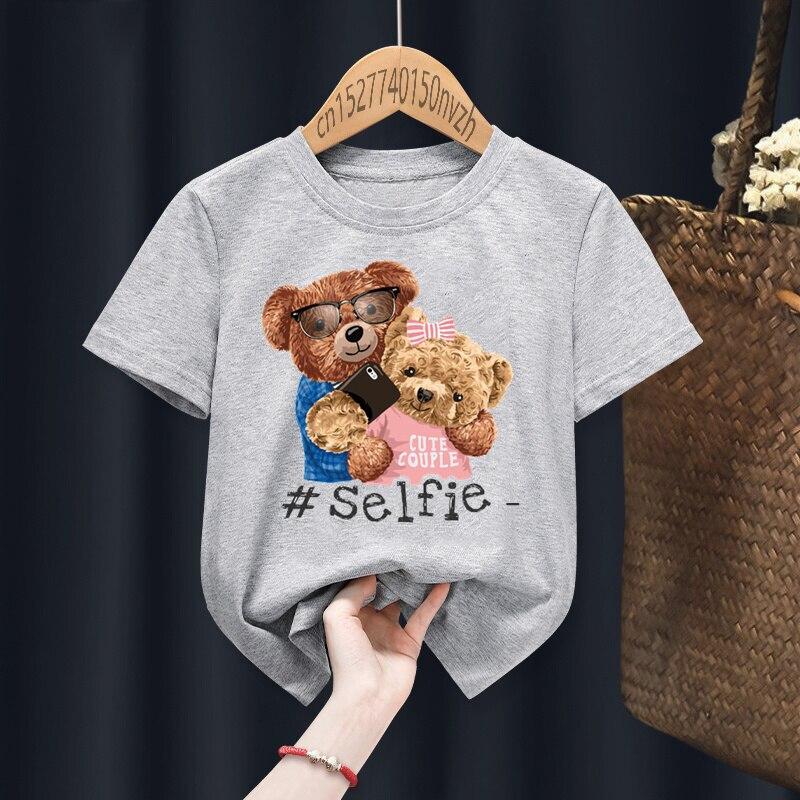 Fashion Funny Bear Printed Kid Short Round Neck T-shirts Children Baby Kawaii Clothes Boy Girl Tops Gift Present Short T-shirts