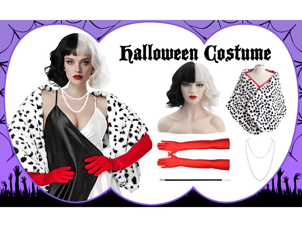 Cruella Dalmatian Costume Set: Halloween Witch Role Play with Black & White Scarf