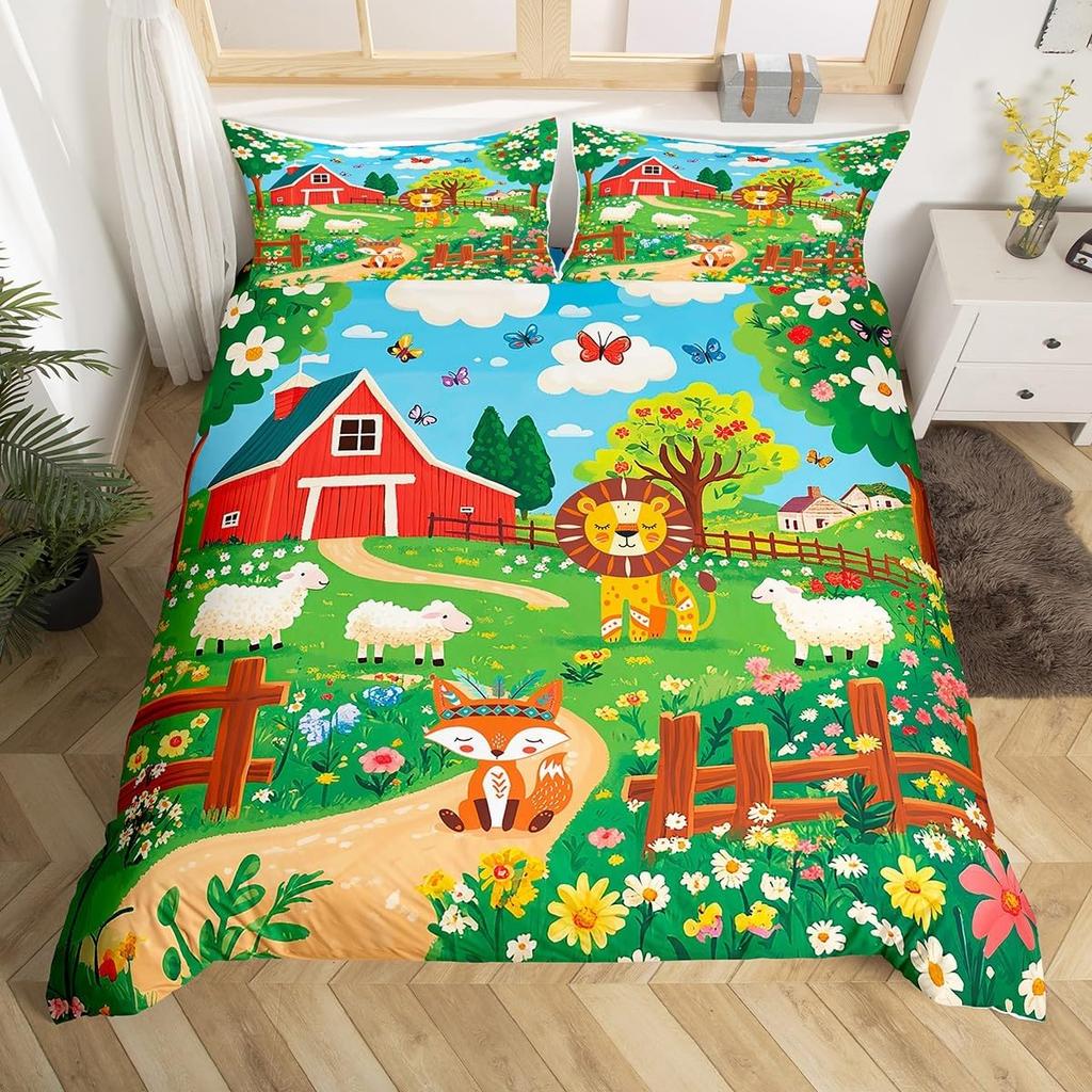 Cartoon Animal Duvet Cover Set, Farm Animal Comforter Cover, Rustic Farmhouse Bedding Set Twin Queen For Kids Boys Girls Adults
