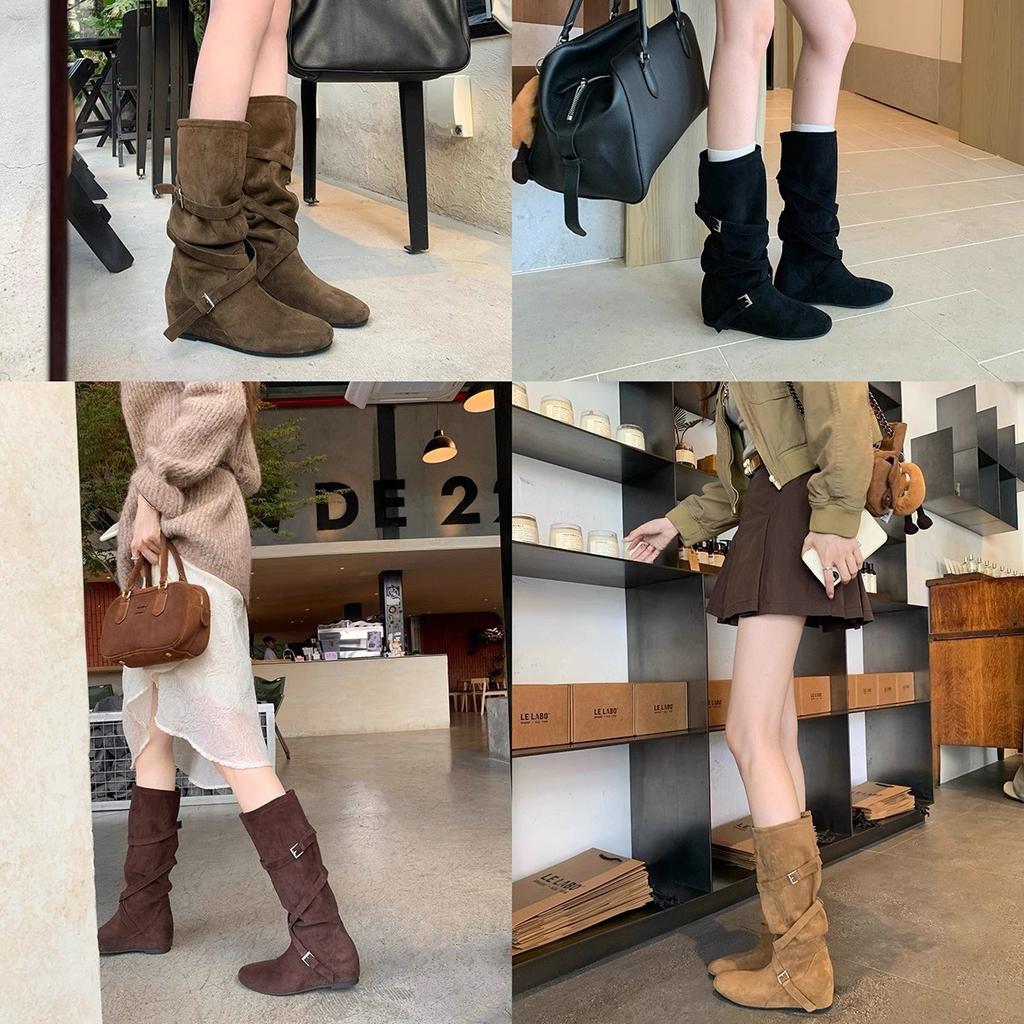 Коровья кожа~ Высота каблука увеличена на 6 см, сапоги из натуральной кожи, ковбойские сапоги, женские плиссированные сапоги-трубы, ремешок с пряжкой средней длины, тонкие сапоги-рыцари