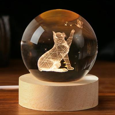 Подарки для женщин, любителей кошек, 3D-фигурки кошек в хрустальном шаре 60 мм, декоративные коллекционные предметы в виде котят, подарочные стеклянные шары с деревянной светящейся основой