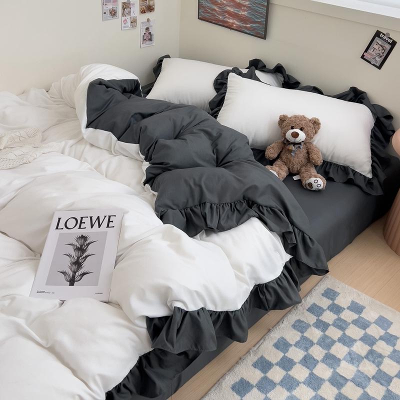 Ins Princess Bedding Set 2024 New Duvet Cover Fresh Blue Solid Color Floral Wrinkled Yann Bed Set Of Four Pieces Bed Sheets