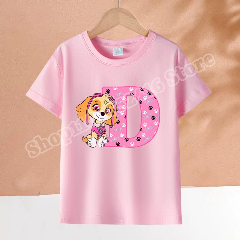 Paw Patrol Children's Pink Short-sleeve T-shirt, Girls' Skye Top, Cartoon 26-letter Printed Pullover, Children's Birthday Gift