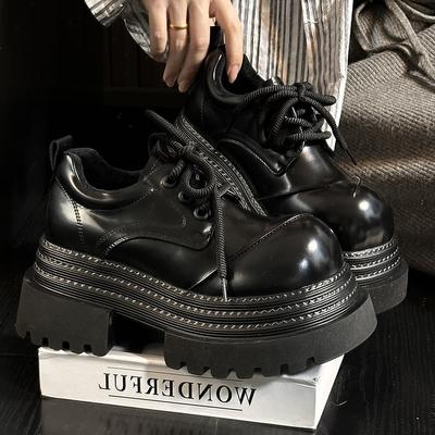 Женские туфли-лоферы в британском стиле на толстом каблуке в стиле ретро, новинка 2025 года, небольшое увеличение высоты, повседневные кожаные туфли Yuantong со шнуровкой