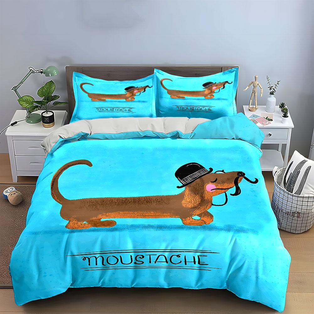 Dachshund with Hat and Mustache Bedding Duvet Cover Set Duvet Cover Pillowcases (1*Duvet Cover 2*Pillowcases, without duvet insert)