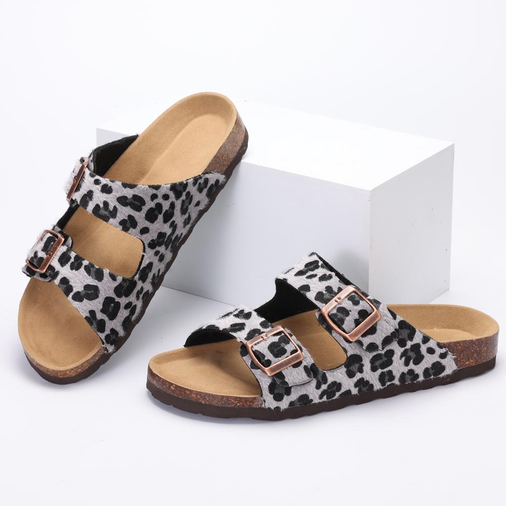 Fashion Kidmi Women's Slide Sandals New Casual Cork Footbed Platform Sandals Open Toe Leopard Slides With Adjustable Buckle Flat Sandals