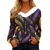 Женский свободный повседневный топ с длинными рукавами и принтом из плюша с V-образным вырезом, топ с длинными рукавами