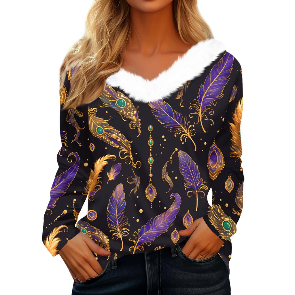 Женский свободный повседневный топ с длинными рукавами и принтом из плюша с V-образным вырезом, топ с длинными рукавами