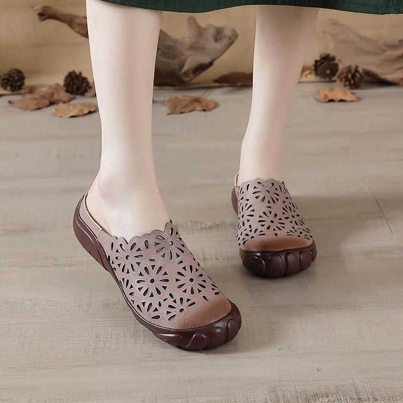Summer New First-layer Cowhide Flat-bottom Beef Tendon Sole Women's Shoes Casual Leather Hollowed-out Breathable Slippers Hole Shoes