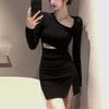 New Autumn Style Slanted Neck Long-sleeved Dress Hollow Design Sexy Black Base Skirt