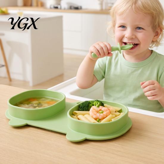 Toddler Silicone Divided Plates Baby Foldable Dinner with Fork And Spoon, Portable Kids Dinnerware Travel Feeding Essentials, Suction Set Dish for