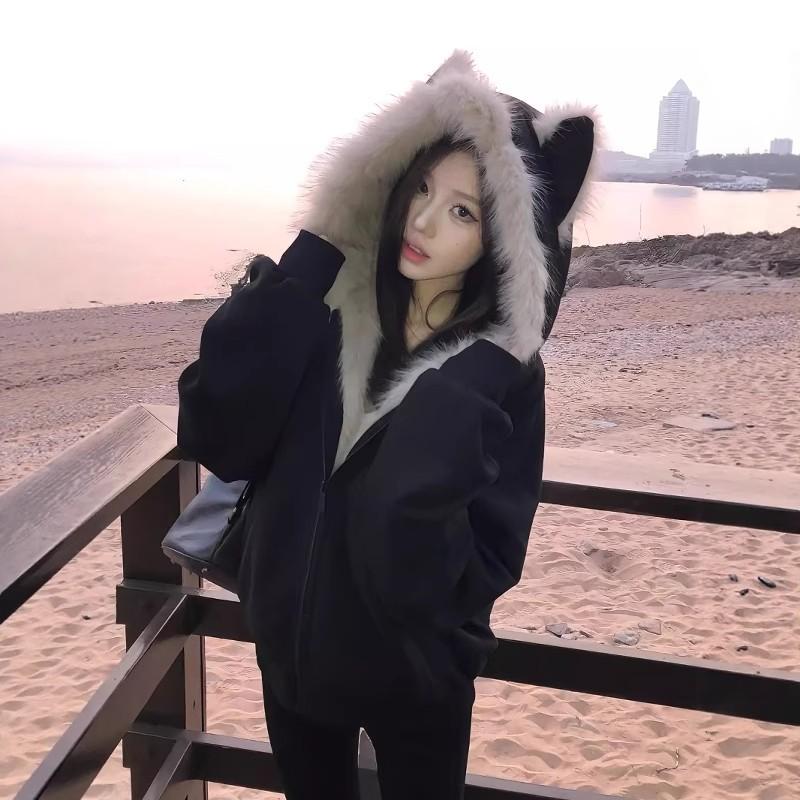 Zaoshan carving hairy fur collar cotton coat men and women piled thickened American cat ears cleanfit winter cotton coat