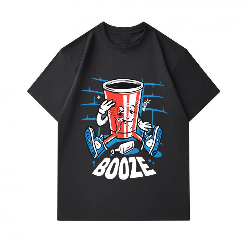 Men's 100% Cotton Crew Neck Short Sleeve T-Shirt, Funny Drunk Red Cup Booze Cartoon Printed Casual Daily Comfortable Soft Tee Top for Party Street Wea