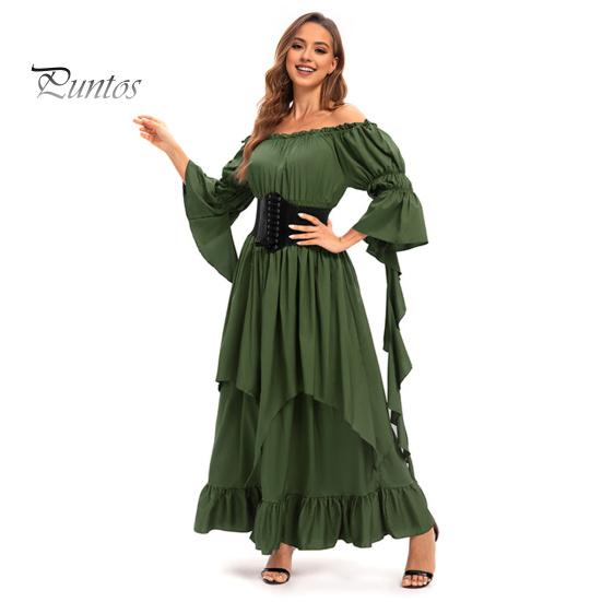 Платье на Хэллоуин Винтажное ренессансное средневековое викторианское пиратское платье Бальное платье для выпускного вечера с открытыми плечами и рукавами-колокольчиками с рюшами и плиссировкой Нерегулярный подол Макси-платье