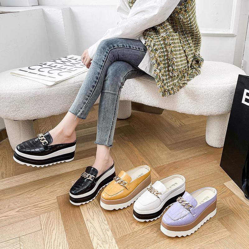 New Spring Flat Platform Oxford Shoes Woman Loafers Women Shoes Metal Buckle Slip On Thick High Heels Increased Casual Shoes