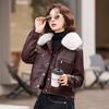 Women's PU Leather Motorcycle Jacket with Fur Collar and Fleece Lining – Autumn/Winter Petite Style.