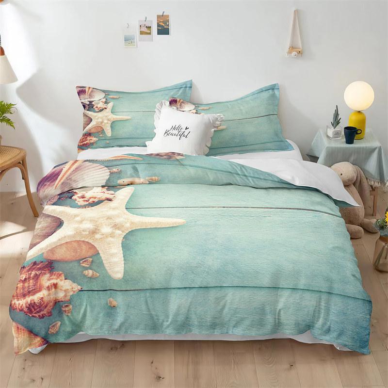Beach Theme Duvet Cover Set Blue Ocean Bedding Set King Queen For Kids Girls Microfiber Seashell Starfish Print Comforter Cover