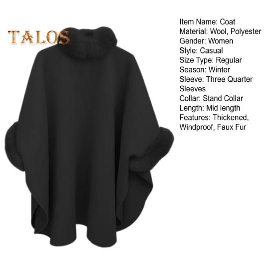 Женское зимнее пальто-накидка с рукавами «летучая мышь» Толстая шаль Свободный воротник-стойка Однотонный декор из искусственного меха Теплая повседневная одежда для работы и отдыха на открытом воздухе Пончо
