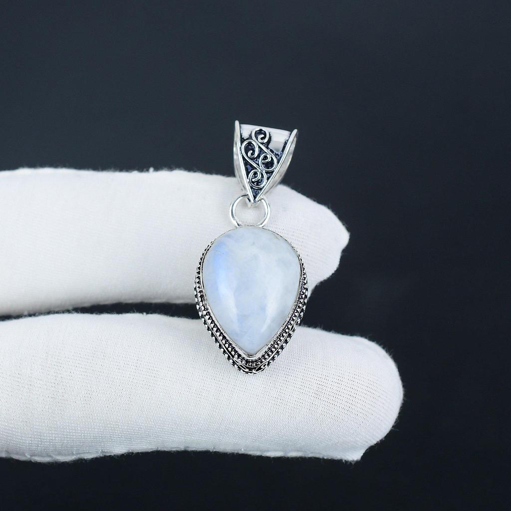 Natural Rainbow Moonstone Silver Pendant In 925 Sterling Silver - Handmade Pear Design, Everyday Wear Jewelry Gift For Her
