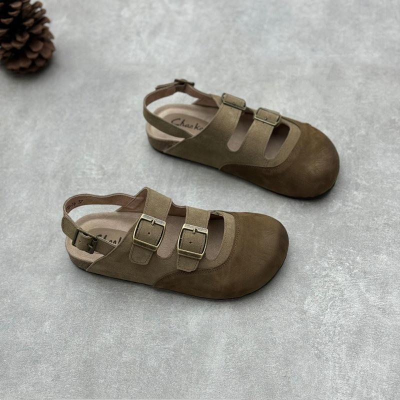 Johnature Genuine Leather Round Toe Sandals Retro Flat Solid Color Versatile Women's Shoes