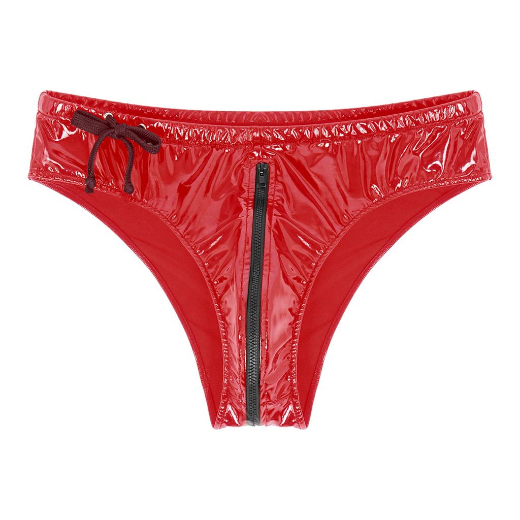 Mens Low Waist Zipper Briefs Wet Look Patent Leather Underwear Club Stage Show Costume