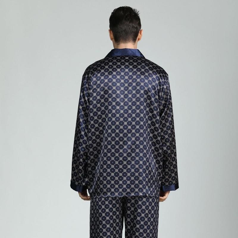 2025 Новый мужской шелковый атласный классический пижамный комплект с длинным рукавом и принтом Роскошный шелковый пижамный комплект для сна