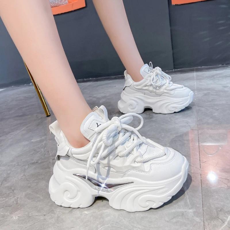 Высококачественные весенние женские кроссовки на платформе, массивная обувь, спортивная вулканизированная обувь, женская повседневная обувь, 8 см, осенняя толстая кожа