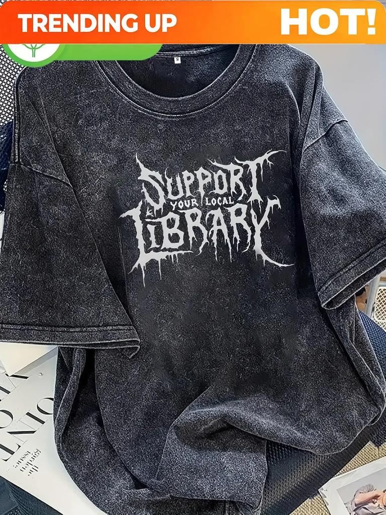 Customization Men's Retro 'Support Local Libraries' Printed Short-Sleeve T-Shirt - Worn-in Washed T-shirt, Breathable Summer Cas