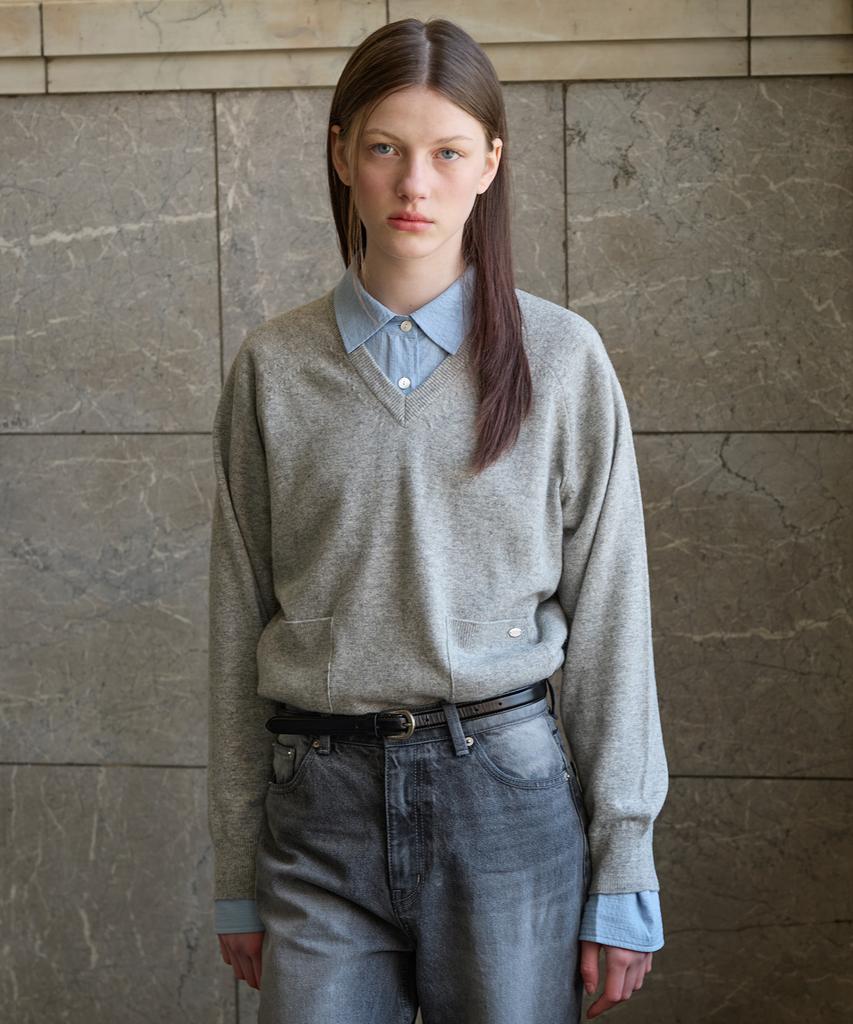 TTUDEMENT V-Neck Knit Pullover Melange Gray