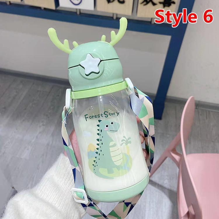 600 мл детская бутылочка для путешествий на открытом воздухе, школа, милая детская бутылочка для воды с мультяшными животными и плечевым ремнем для мальчиков и девочек