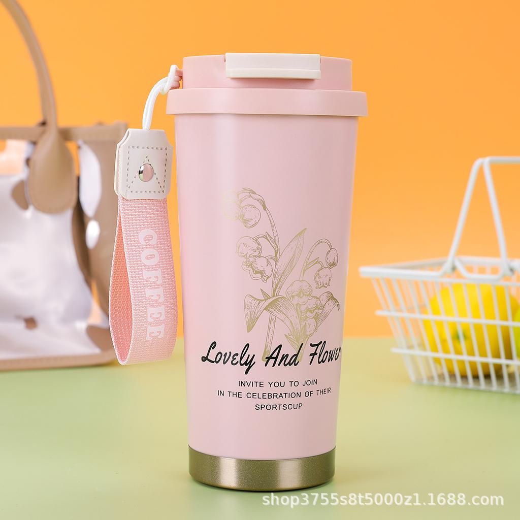 Американская термокружка из нержавеющей стали 304, автомобильная портативная кружка, модная кофейная кружка 'Ландыш' с подъемной веревкой