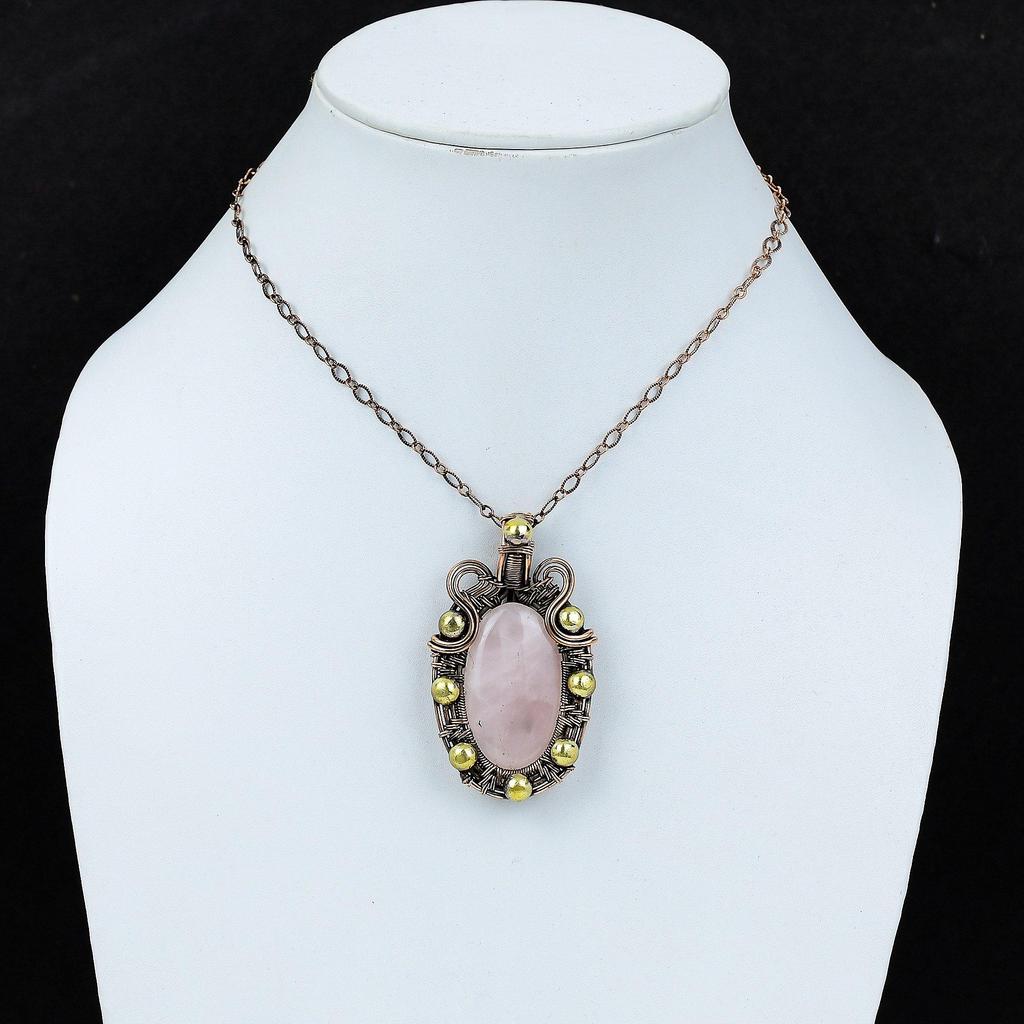 Rose Quartz Gemstone Pure Copper Wire Wrapped Handmade Pendant Jewelry Gift