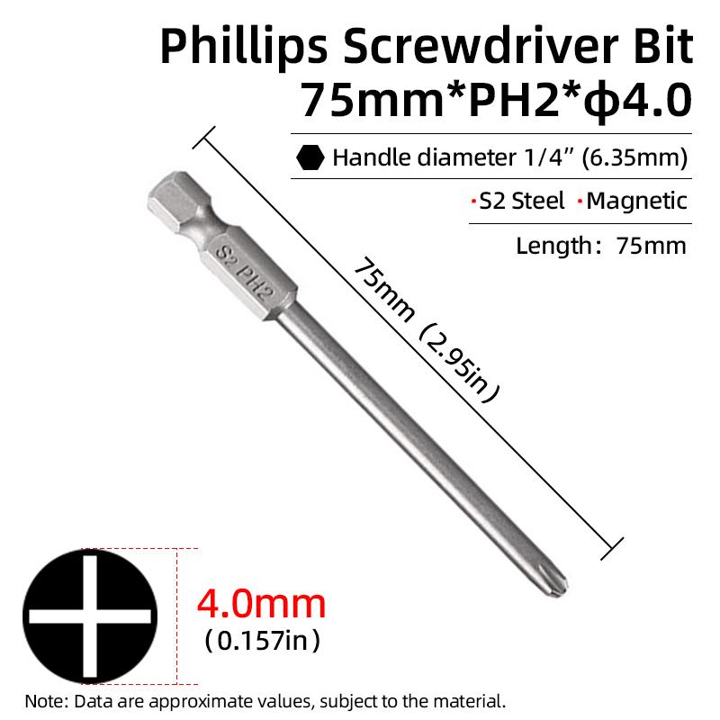 1PC Phillips Screwdriver Bits Cross Head Magnetic Screwdrivers PH00 PH1 PH2 S2 Alloy Steel Hex Shank Hand Tools 50/75/100/150mm