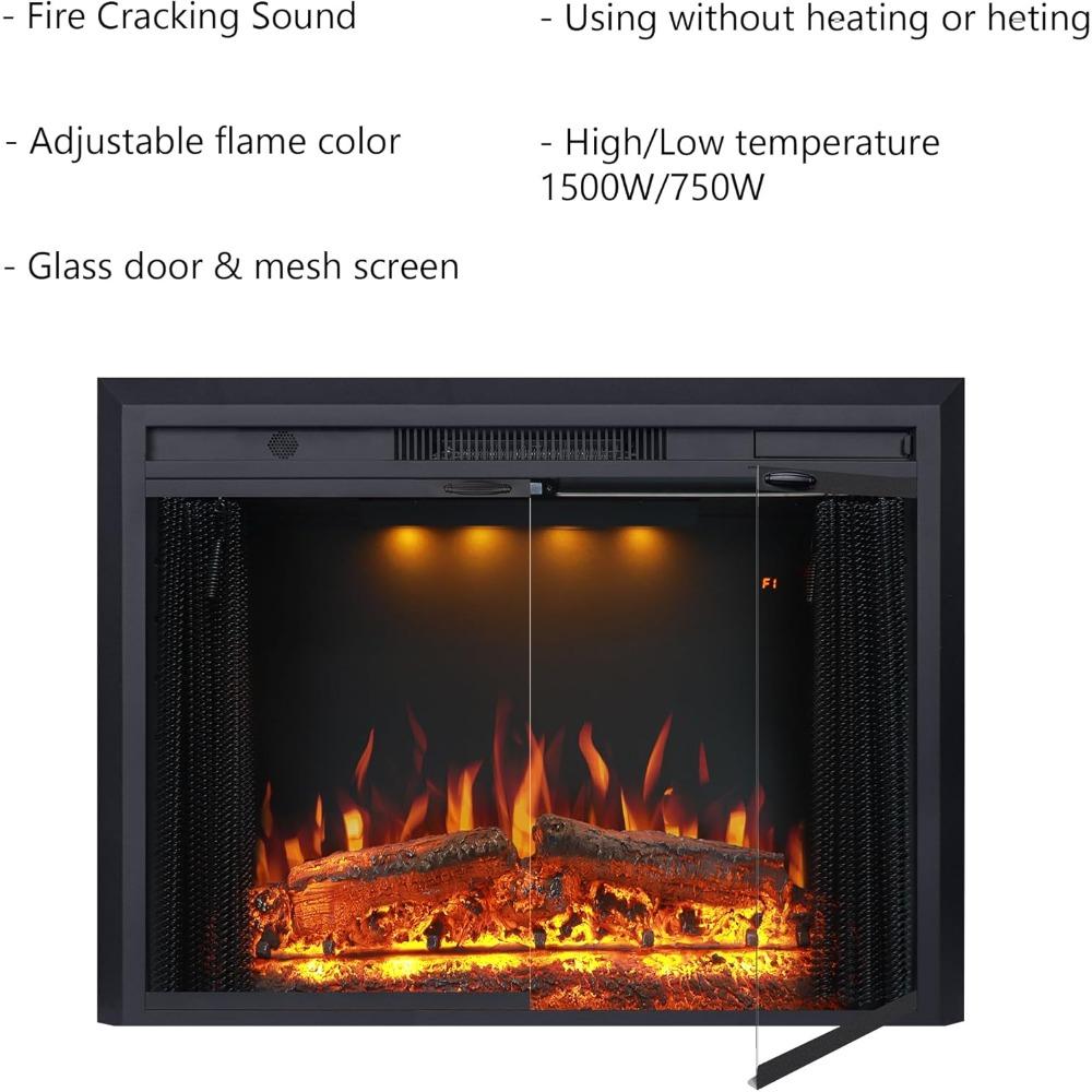 Valuxhome 35,63” Ш 27,5 В Электрический каминный вкладыш с настройками низкой/высокой температуры, подвижным сетчатым экраном и стеклянной дверцей, 1-9 ч