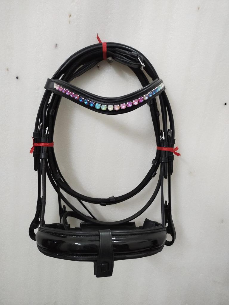 Dressage Leather Bridle Multi Stone Color Brow-band With Patent Nose-Band