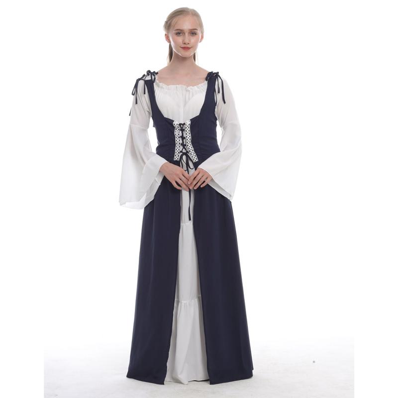 S~5XL Large Size Women Retro Cosplay Dress Medieval Renaissance Retro Dress with Square Collar Bundled Waist Halloween Party