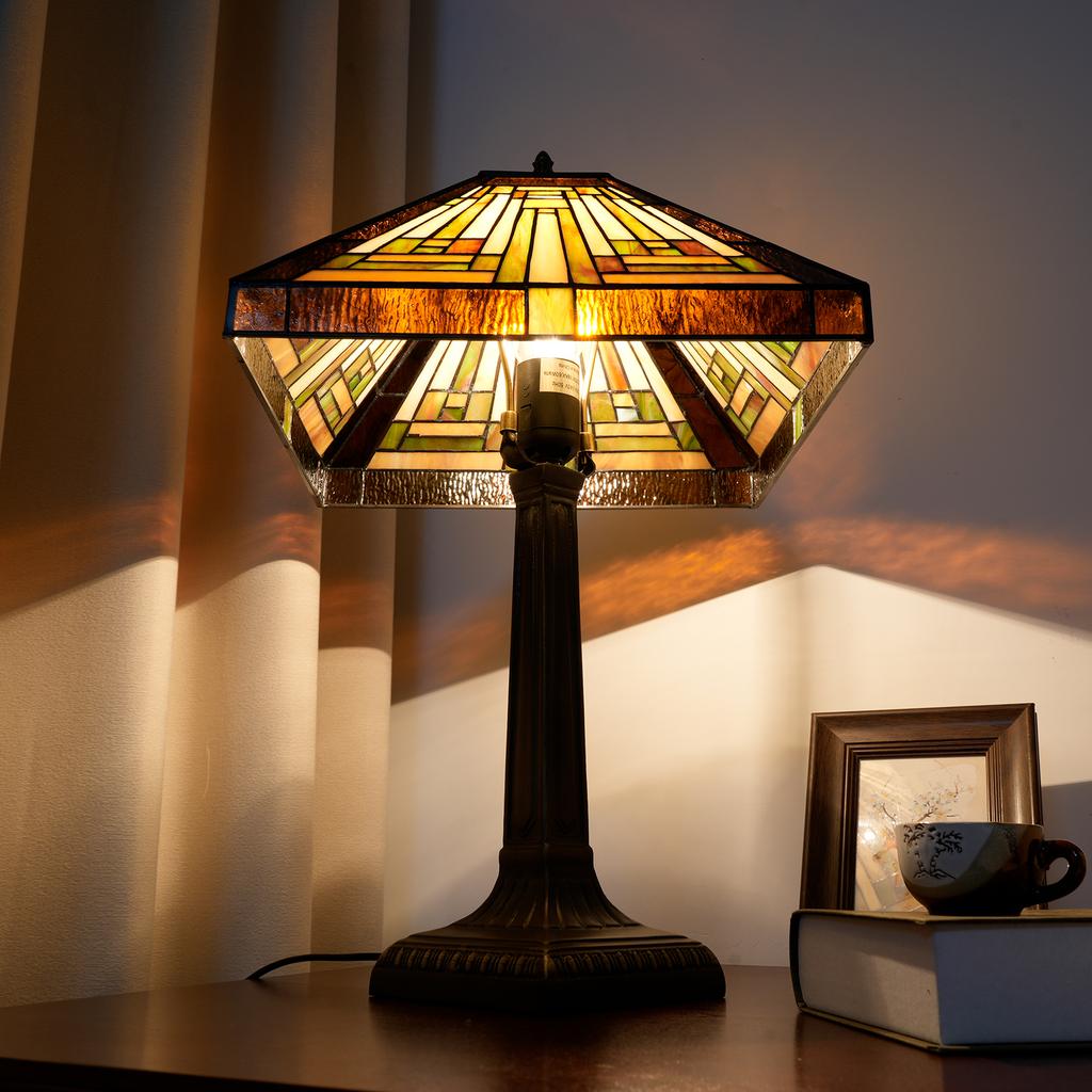 Retro Lamp Stained Glass Table Lamp Amber Brown Mission Style Desk Lamp Decor for Bedrooms Living Room Study Home Office