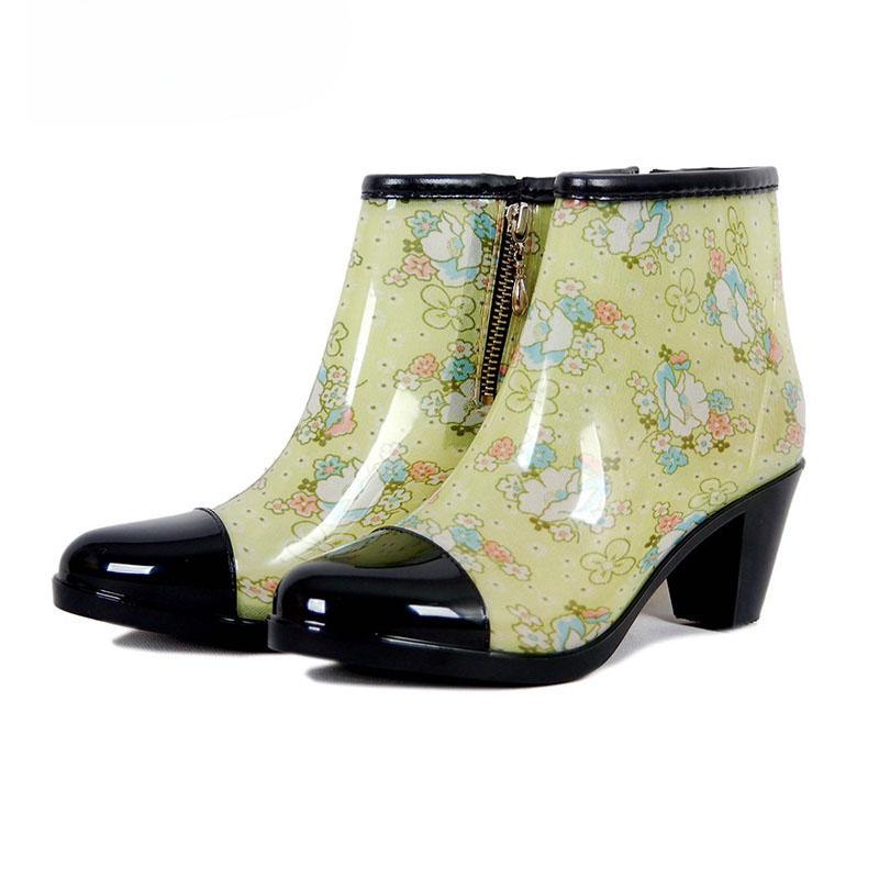 Женские резиновые сапоги, водонепроницаемая обувь из ПВХ, модные высокие каблуки, ботильоны, средний каблук, резиновые сапоги на молнии, нескользящие бахилы