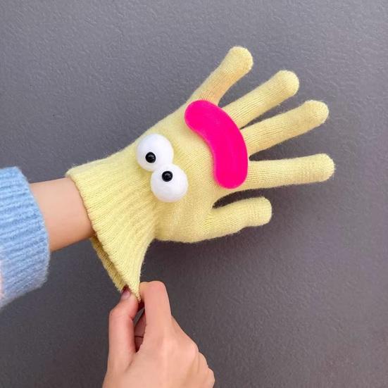 Забавные мультяшные вязаные перчатки, милые перчатки с большими глазами, теплые перчатки, зимние ребристые перчатки с сенсорным экраном для вождения, поездок на работу, езды на велосипеде, повседневных дел